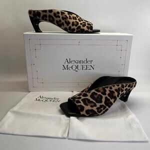 Alexander McQueen Leopard Calf Hair Mules Size 38 Open Square Toe Slip-On
